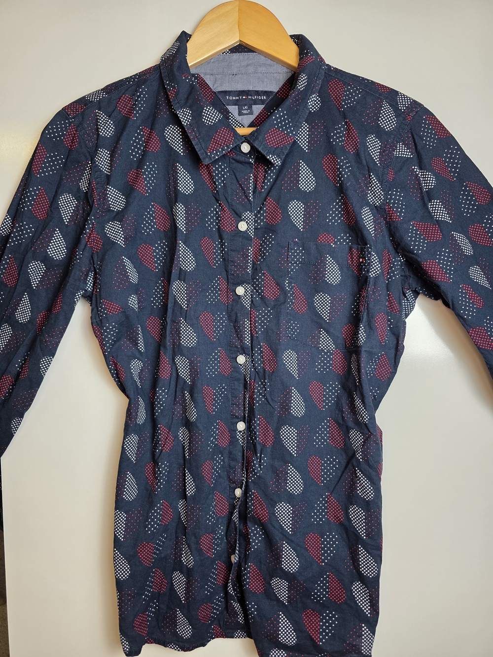 Tommy Hilfiger Navy Dot Print Button-Up Shirt Tunic | L Roll Tab Sleeves